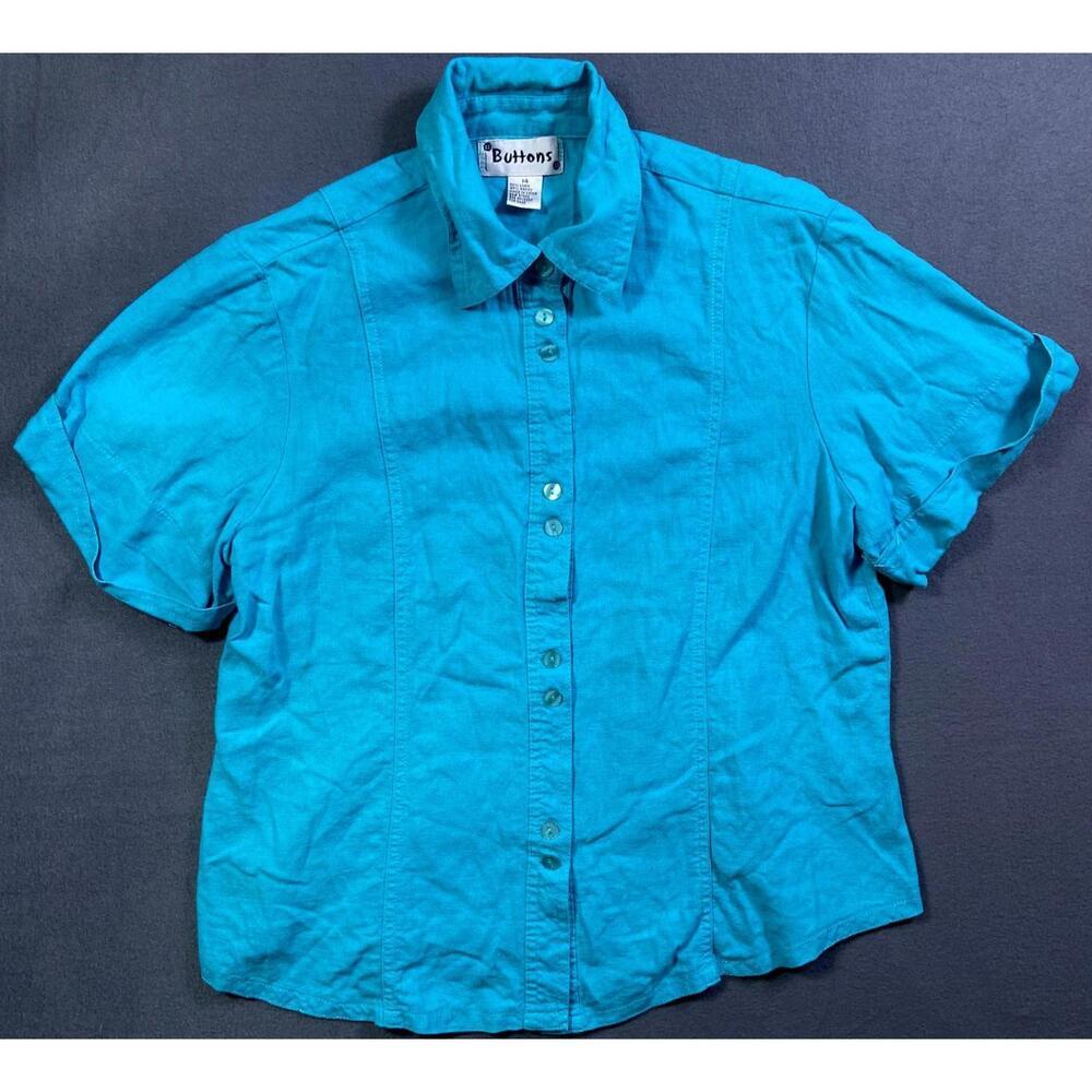 Vintage Buttons Women's 14 Shirt Blue Button Front Short Sleeve Linen Blend VTG